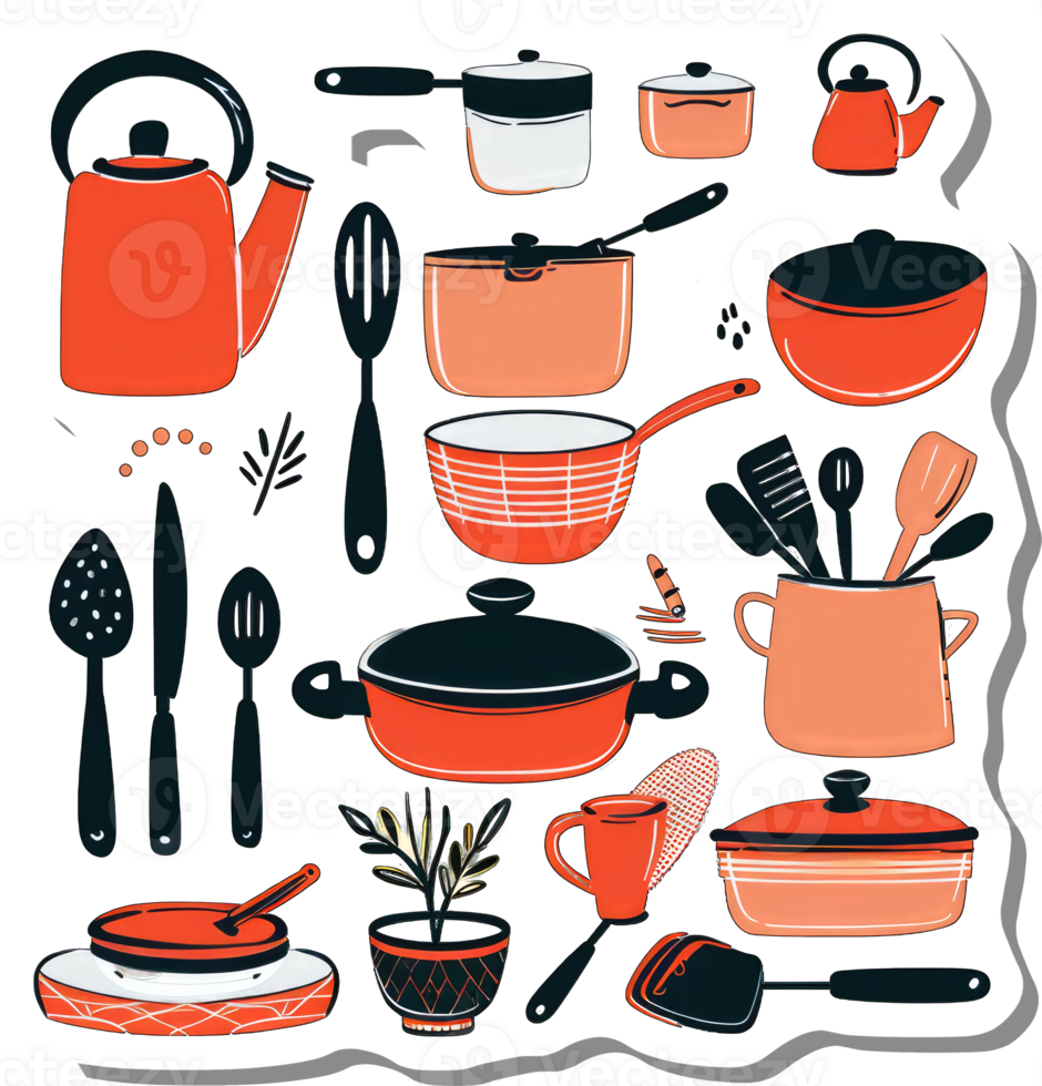 Collection of kitchen cookware and utensils in orange and black png
