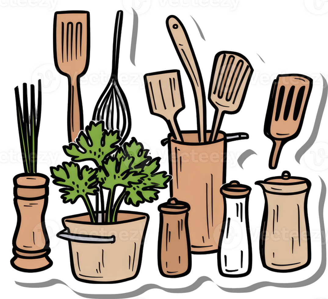 Kitchen Utensils and Herbs in a Cozy Arrangement png