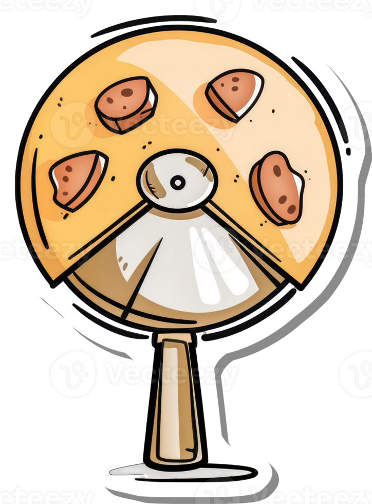 Cartoon pizza on a stand showing four slices png