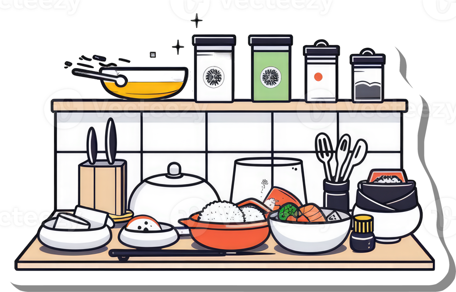 Kitchen Shelf with Prepared Sushi and Cooking Ingredients png