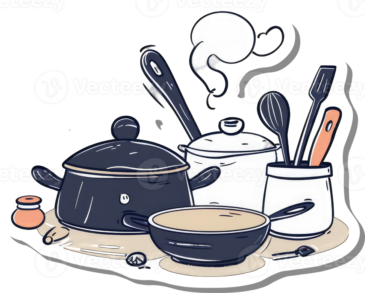 A Colorful Illustration of Kitchen Pots and Utensils png