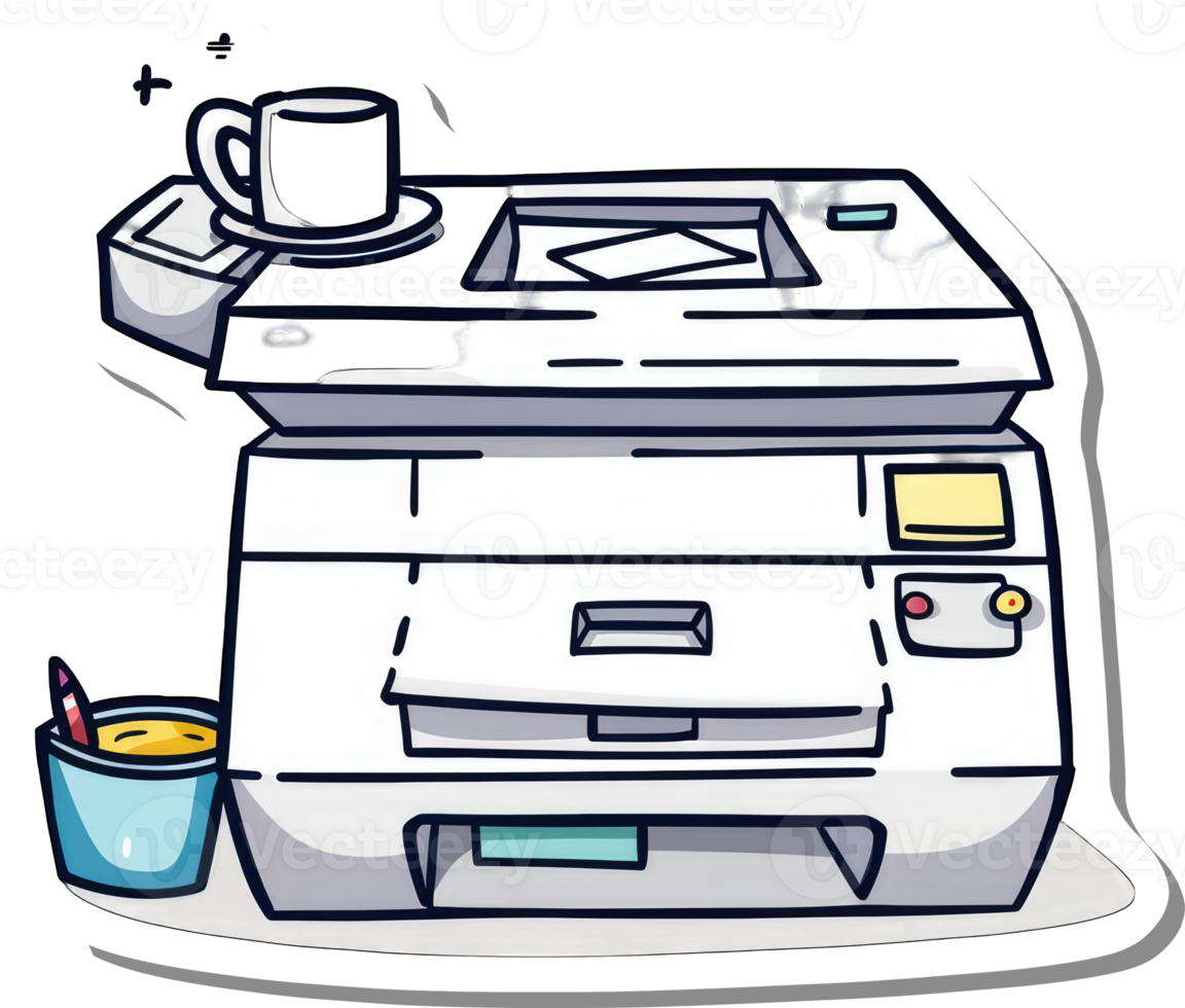 A Cartoon Illustration Of An Office Printer With Coffee And Pen png