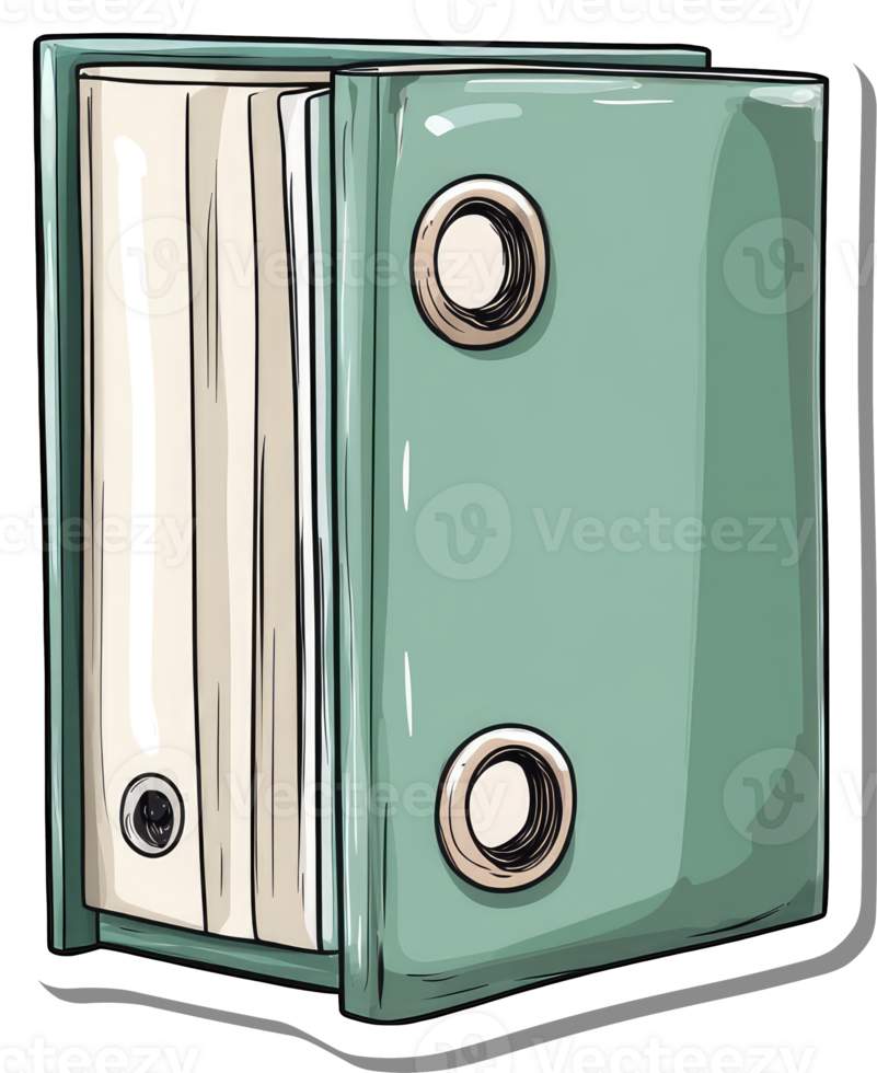 A teal binder with papers inside is shown png