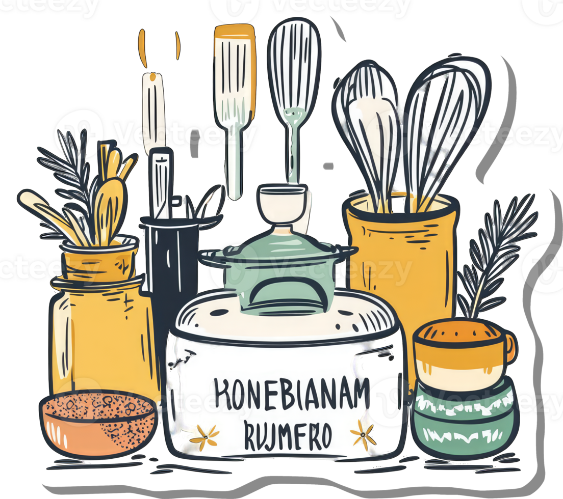 A colorful illustration of kitchen utensils and cookware png