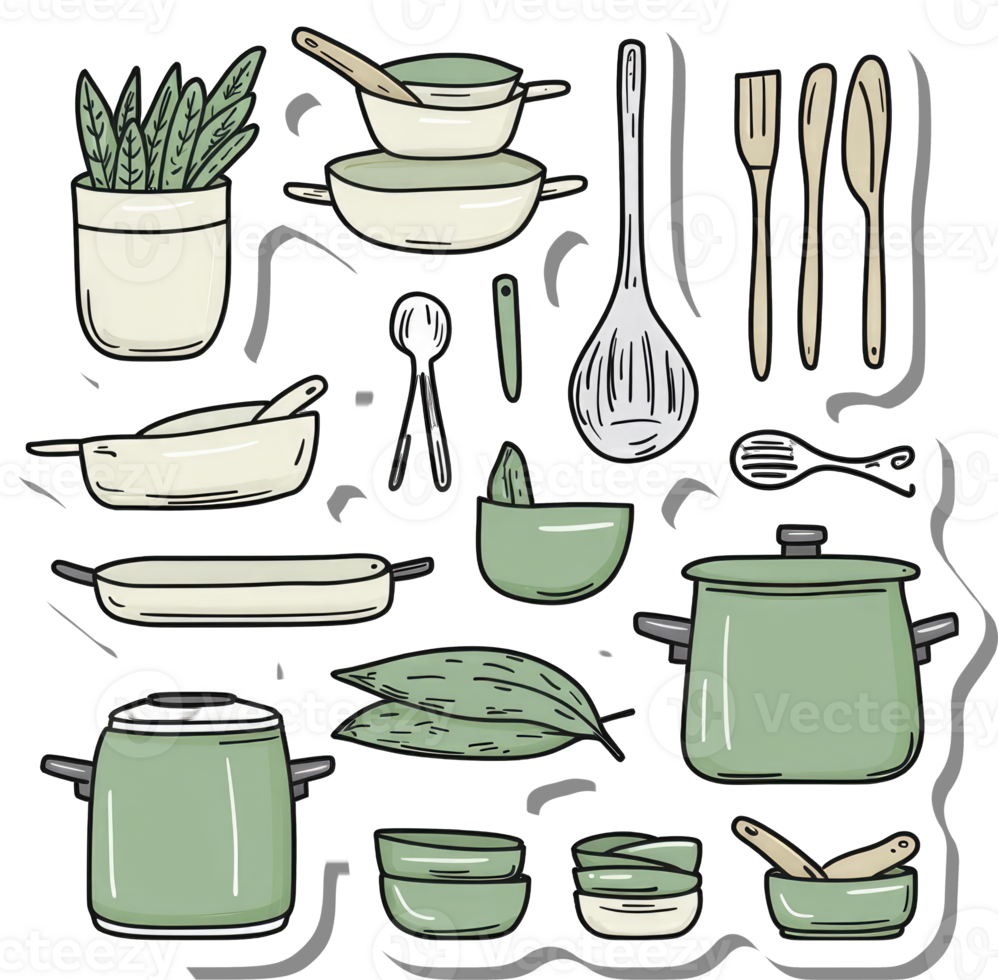 Green Kitchenware Collection with Plant and Utensils png