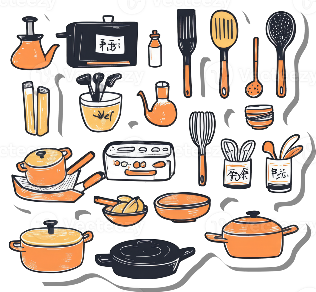 Collection of Orange and Black Kitchen Utensils and Cookware png