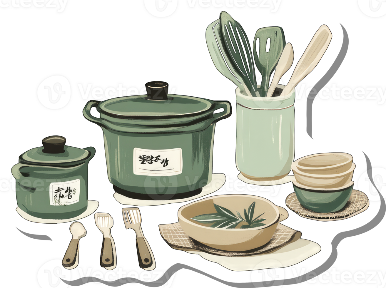 Green Kitchenware Set with Utensils and Bowls png