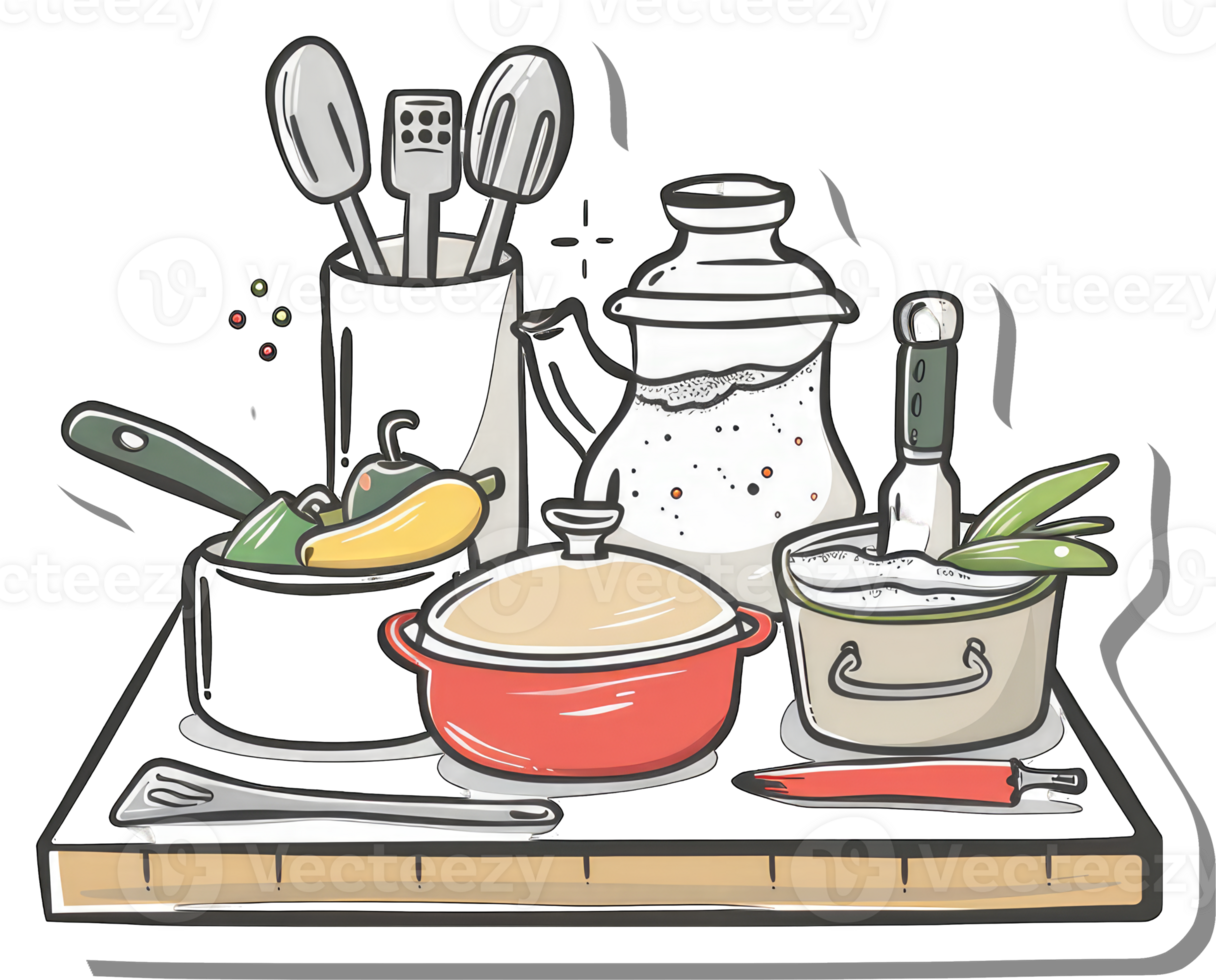 Kitchen Utensils and Cooking Pots Arranged on a Countertop png