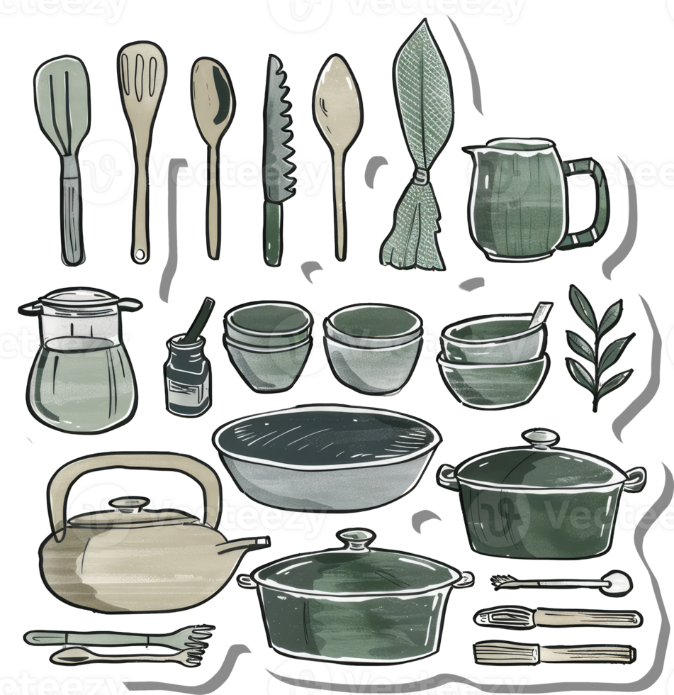 A Collection Of Rustic Kitchen Utensils And Cookware png