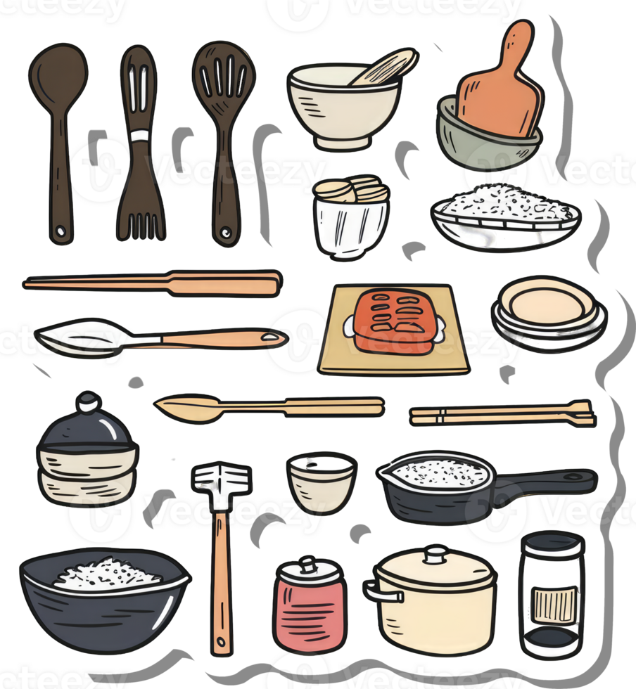 A Collection Of Kitchen Utensils And Rice Dishes png