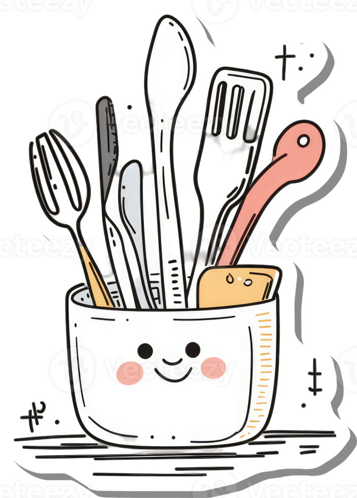 Happy Utensil Holder with Spoons Forks and Spatula png