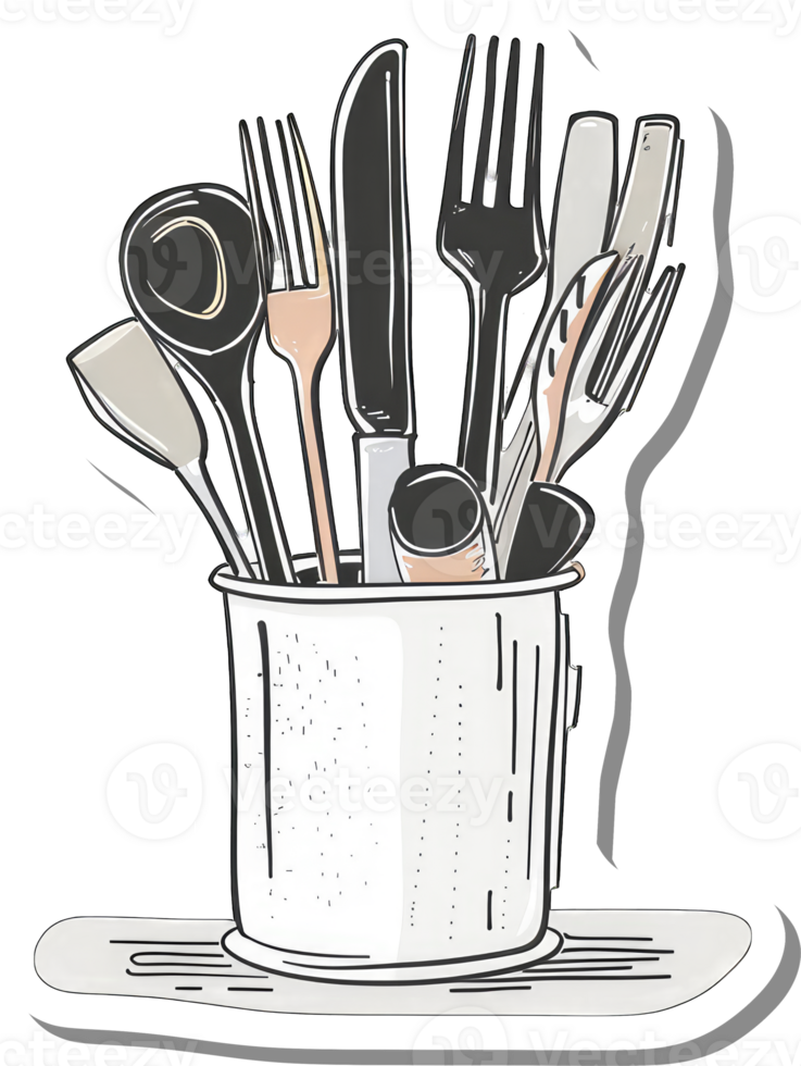 Cutlery and Utensils in a Metal Holder png