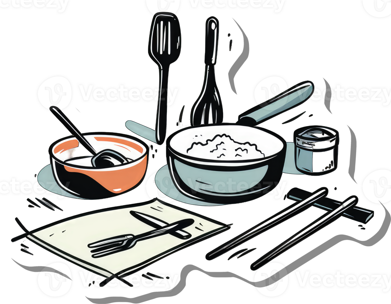 Kitchen Utensils and Food Preparation Scene png