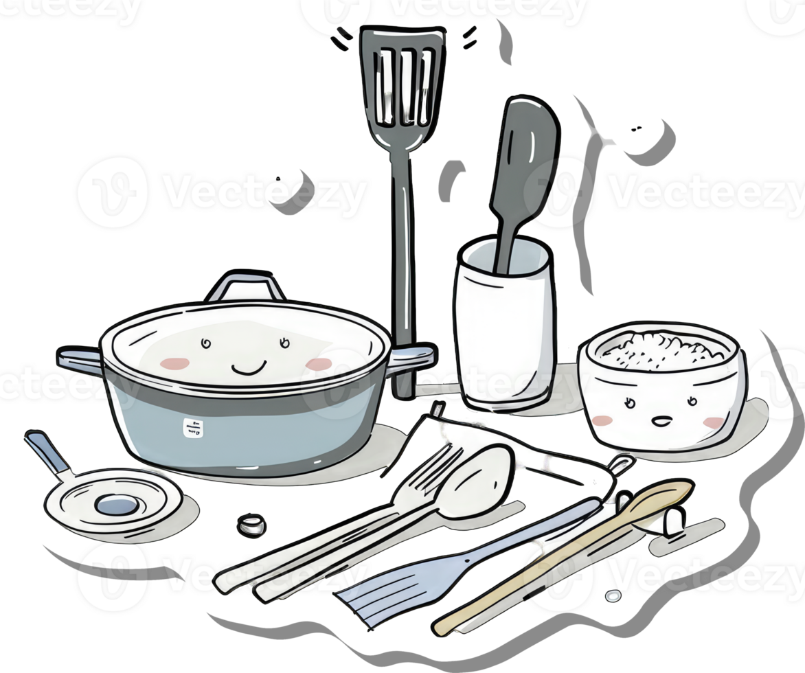 Cartoon Kitchen Utensils and Cookware Displayed Together png
