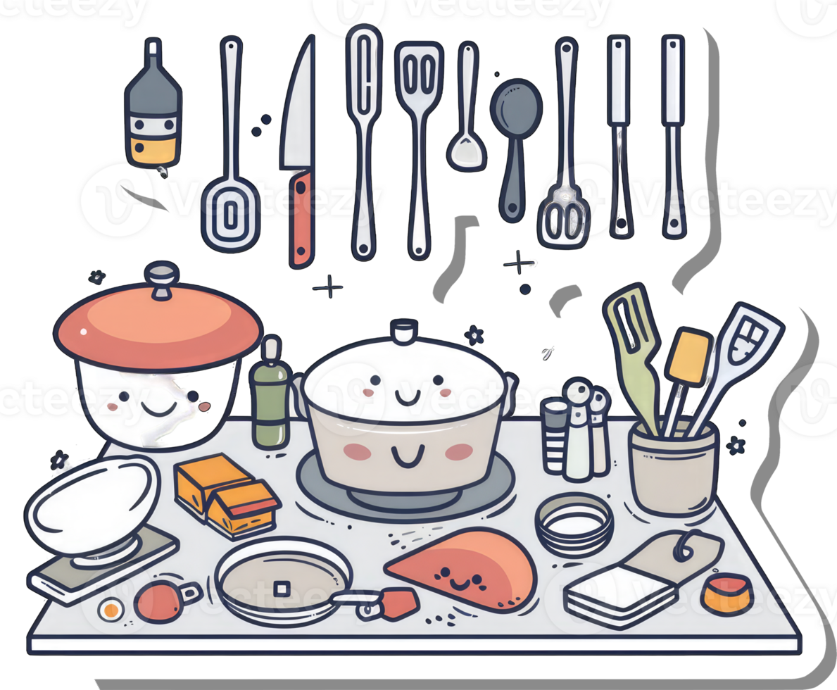 Cute Kitchen Utensils and Cooking Supplies on a Table png