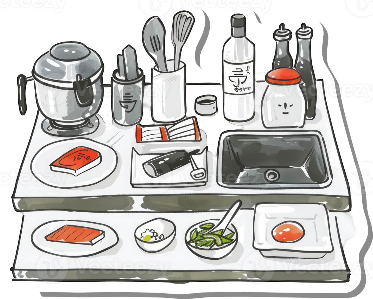 Kitchen Countertop with Appliances Food and Utensils png