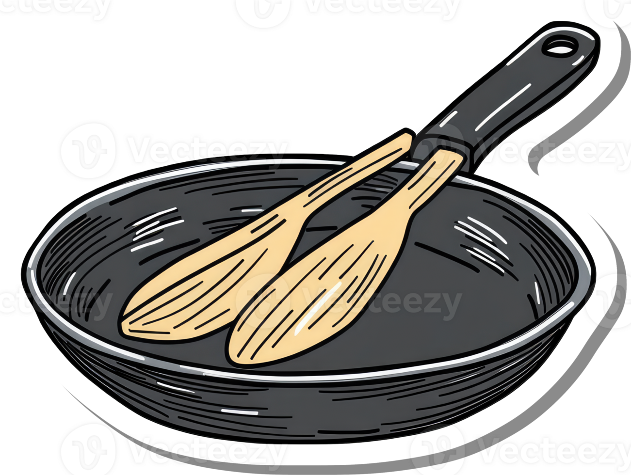 Frying pan with wooden cooking spatulas resting inside png