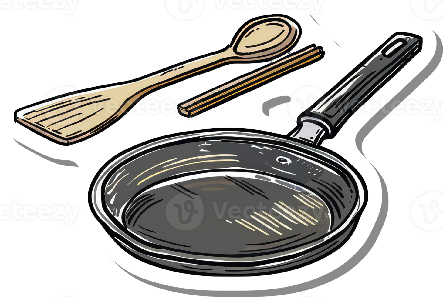 Frying pan with wooden spoon spatula and chopsticks png