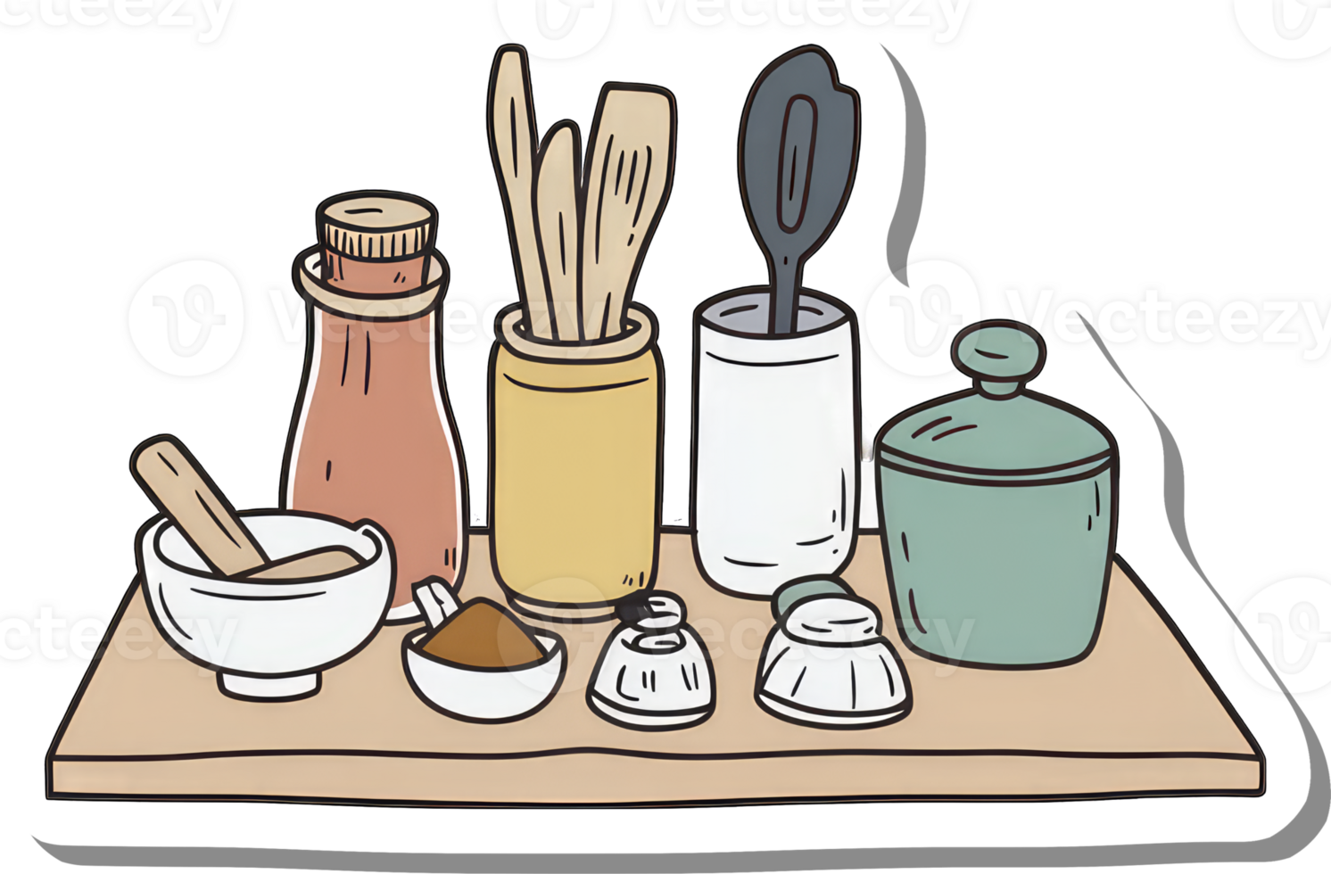 Kitchen Utensils and Spices Arranged on a Wooden Shelf png