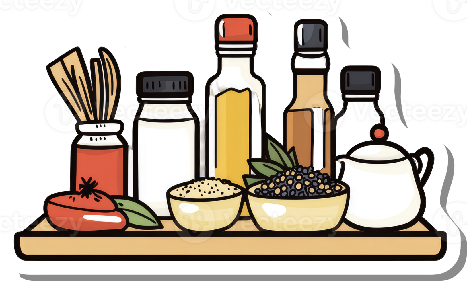 Assorted Cooking Ingredients Arranged On Wooden Tray png