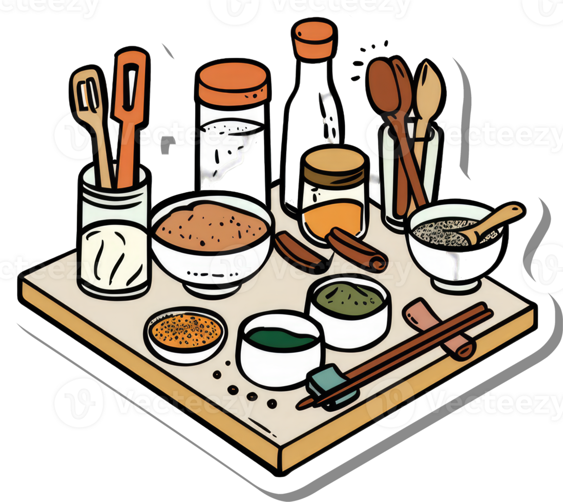 Assorted Spices and Utensils on a Wooden Board png