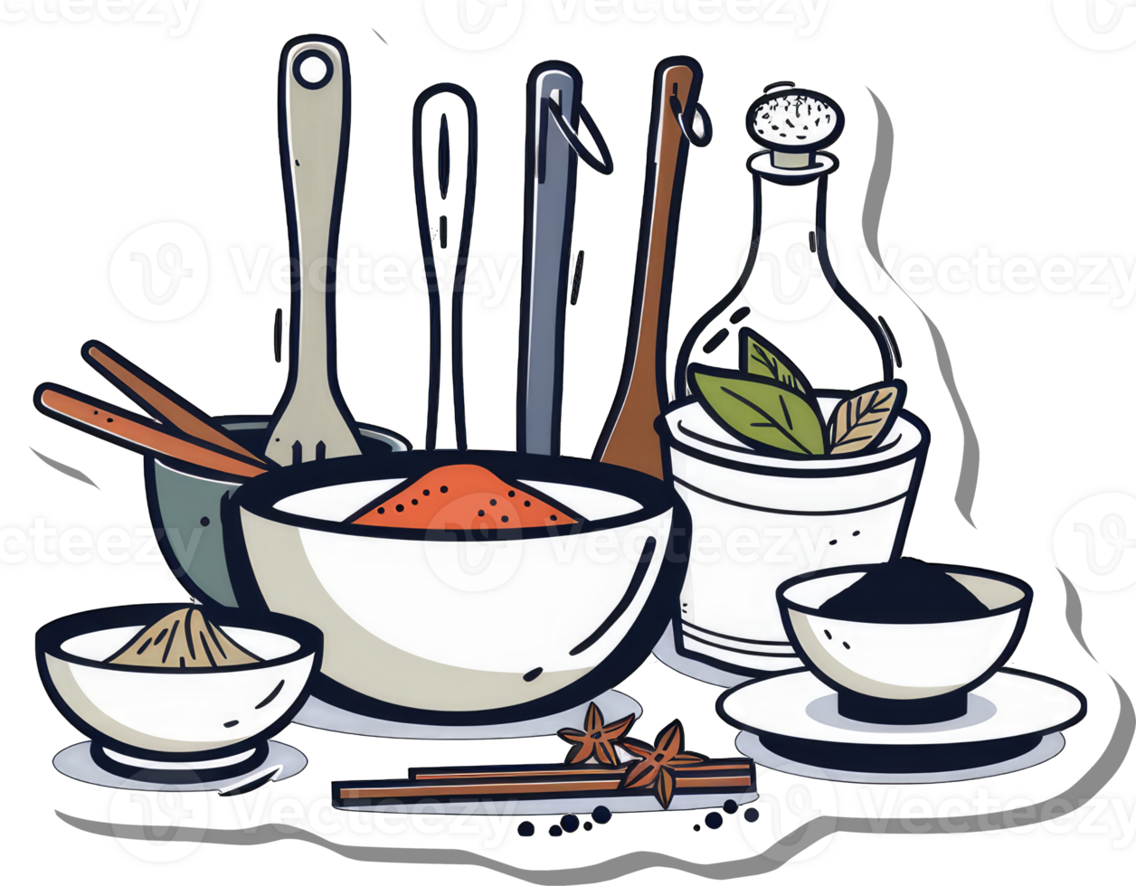 Aromatic Spices and Cooking Utensils in Bowls png