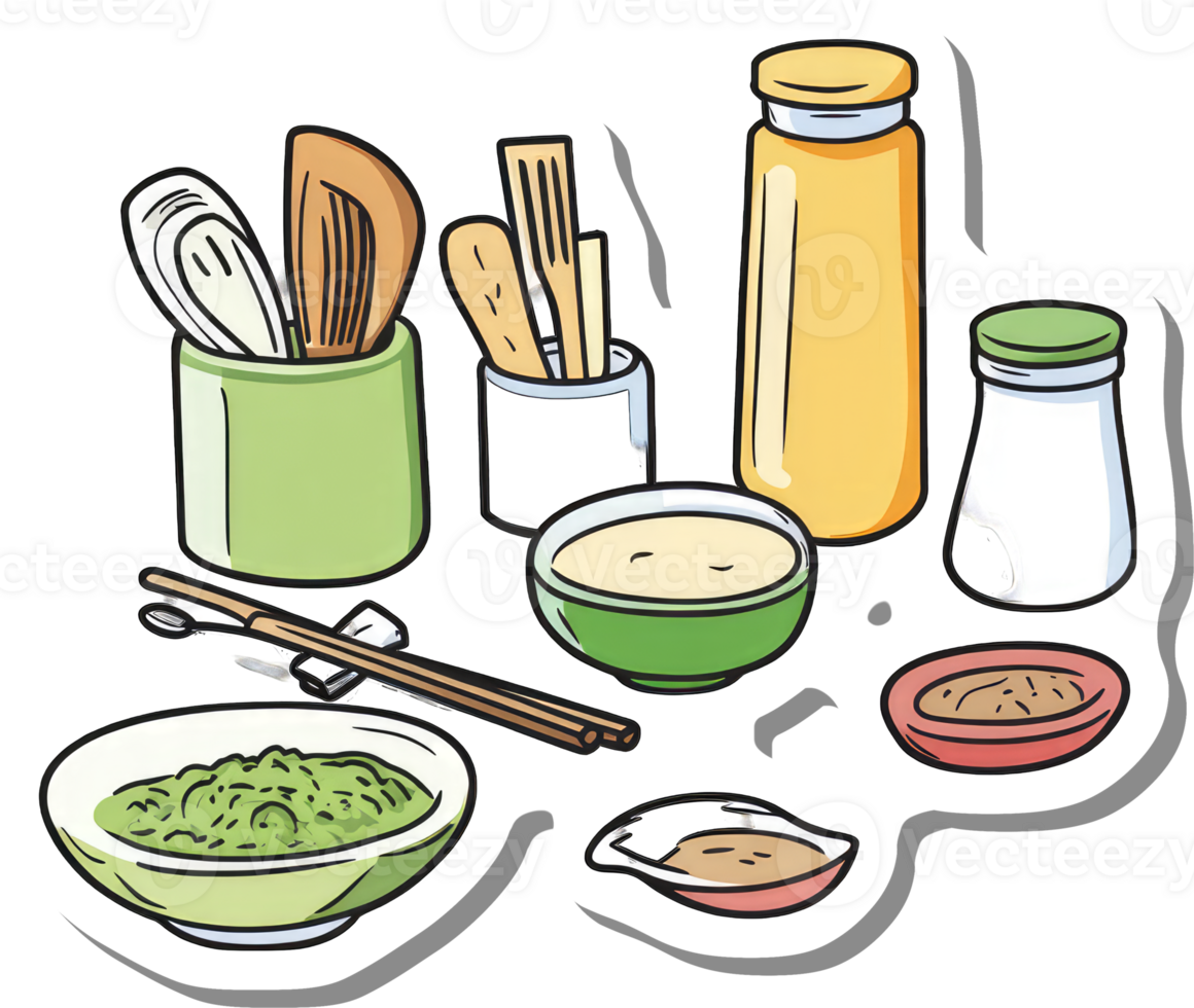 Asian Cooking Utensils and Ingredients Arranged Neatly png