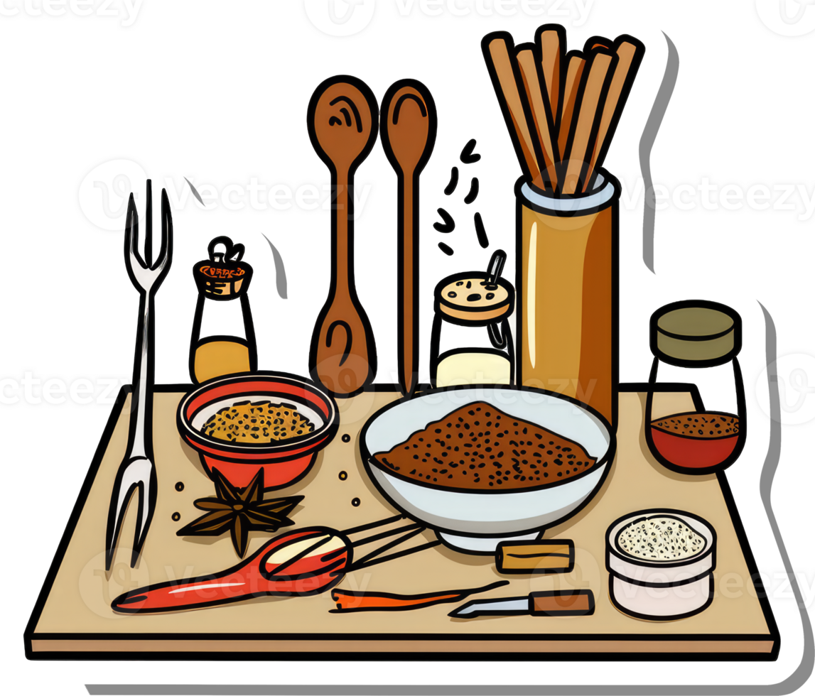 Assorted Spices and Cooking Utensils on a Board png