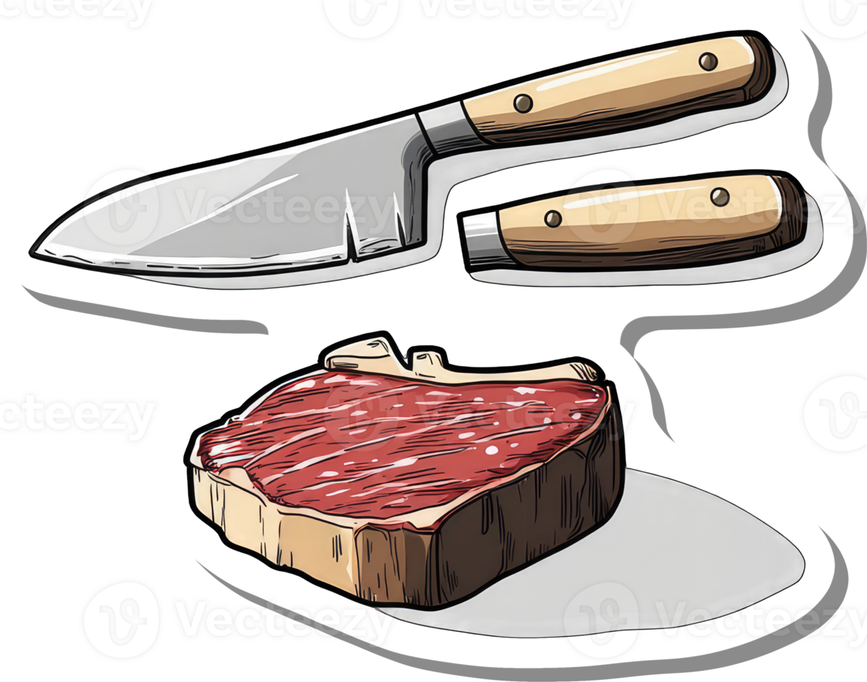 A juicy steak and two sharp knives ready for cutting png