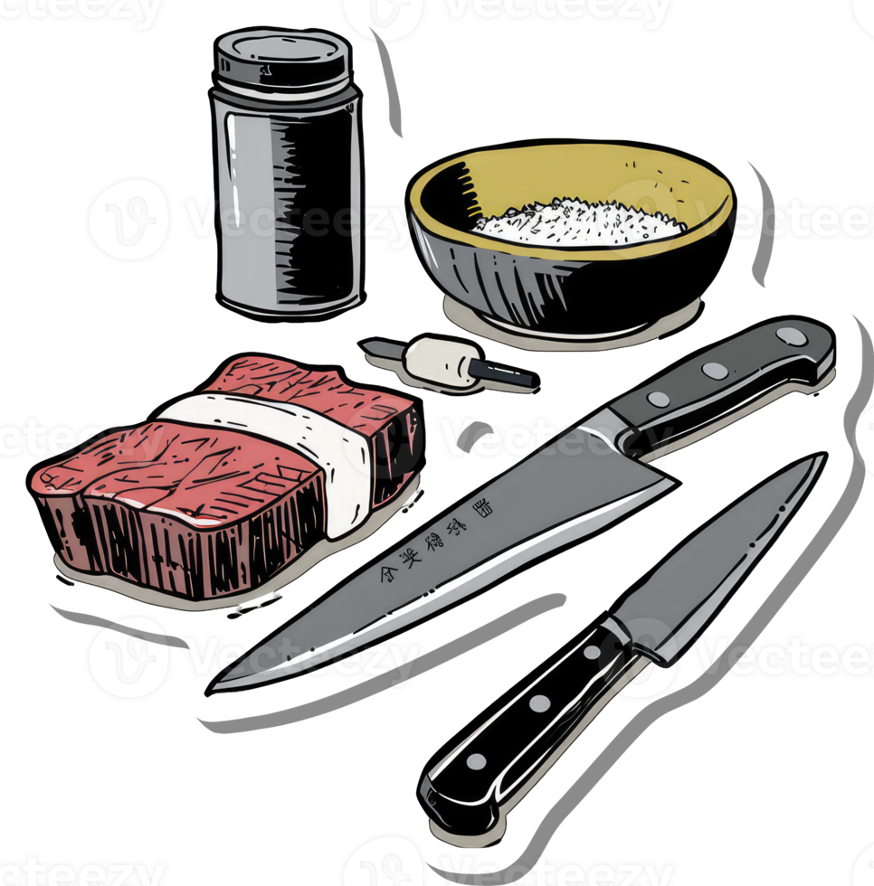Steak Preparation Kit with Knives Salt and Seasoning png