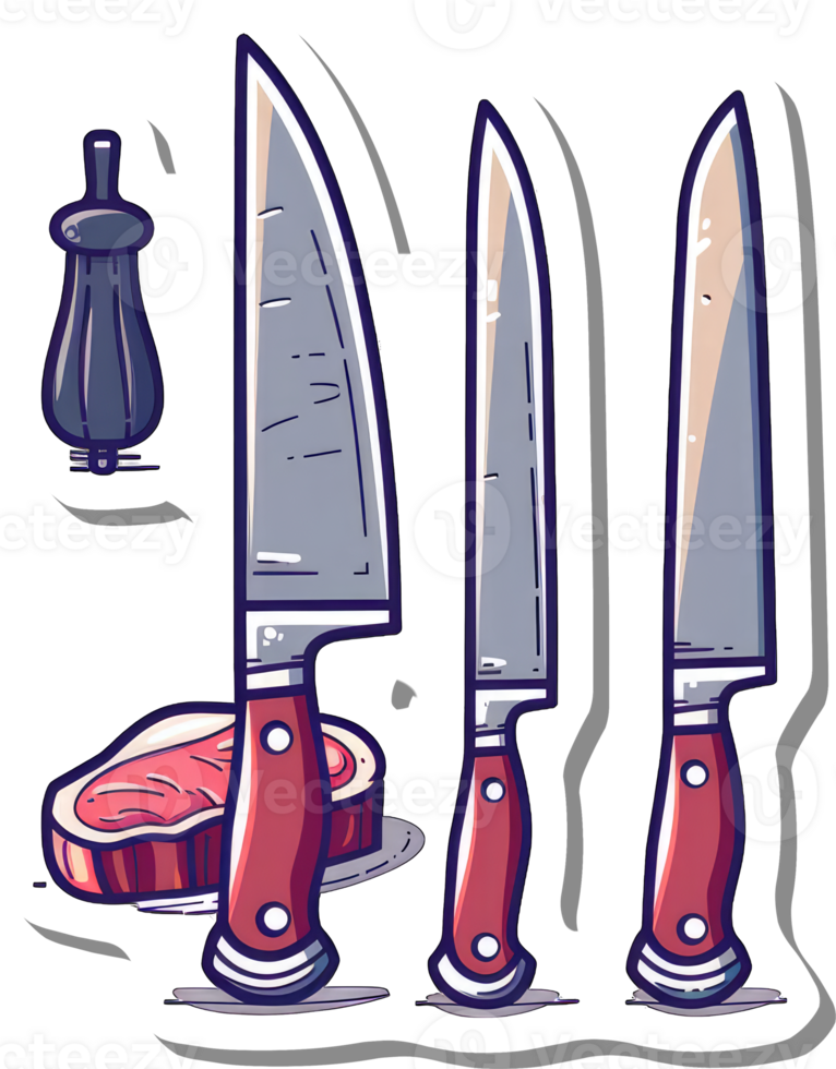 Three Kitchen Knives and Steak with Seasoning png