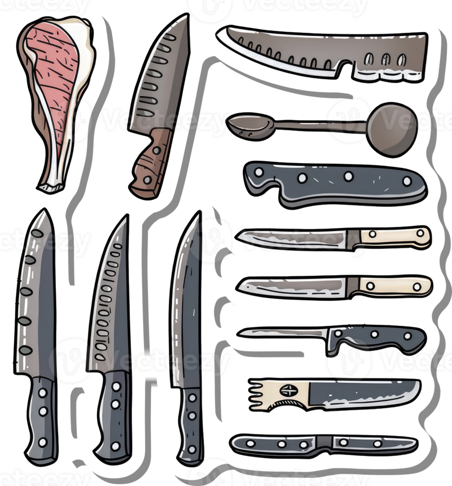 Assorted Kitchen Knives and Meat Cut Illustration png
