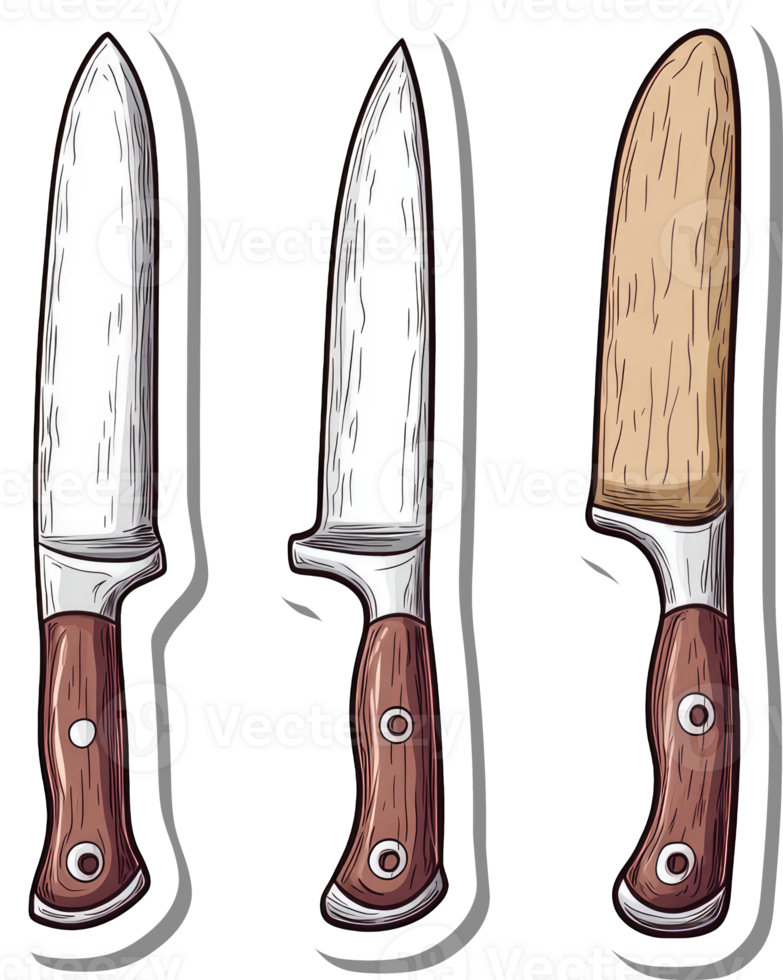 Three kitchen knives with wooden handles are illustrated png