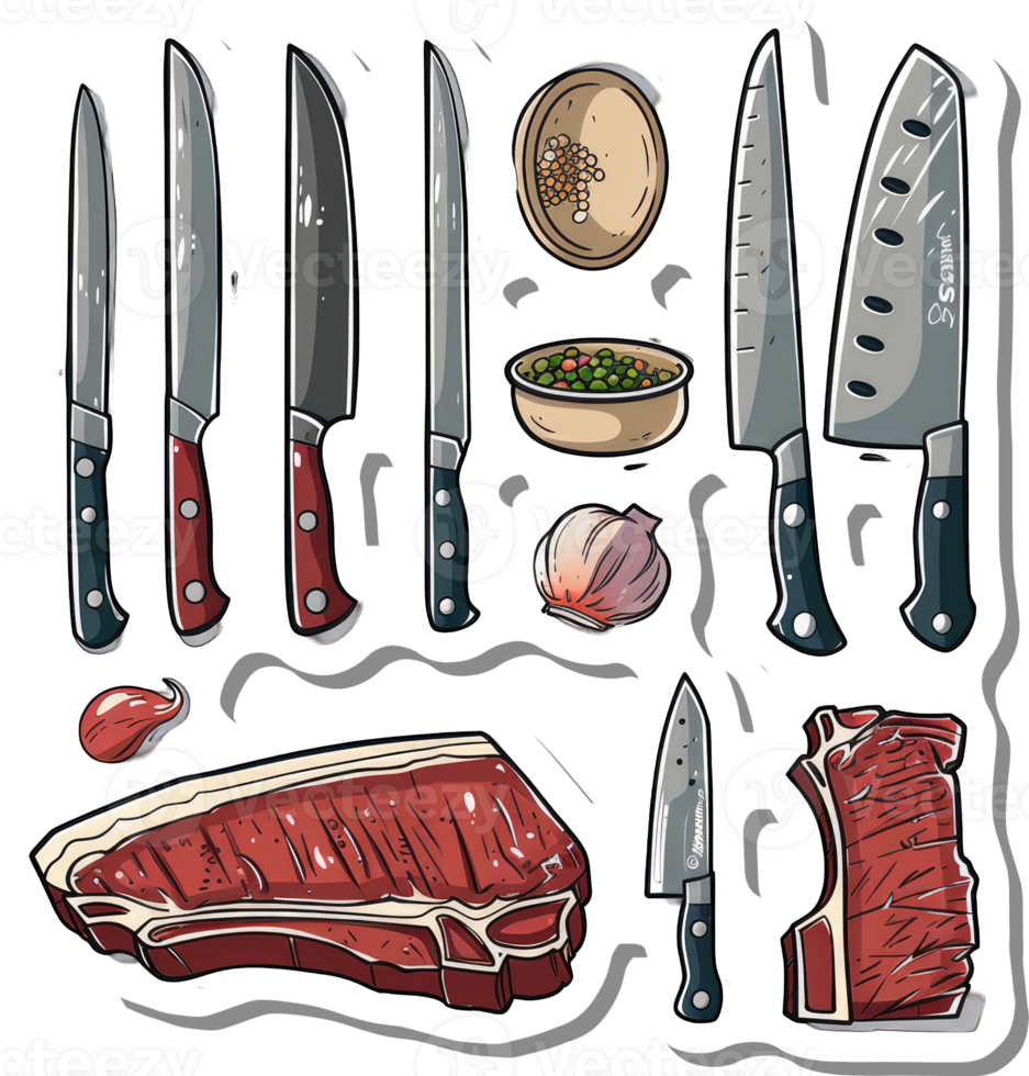 Assorted Kitchen Knives Steak and Ingredients for Cooking png