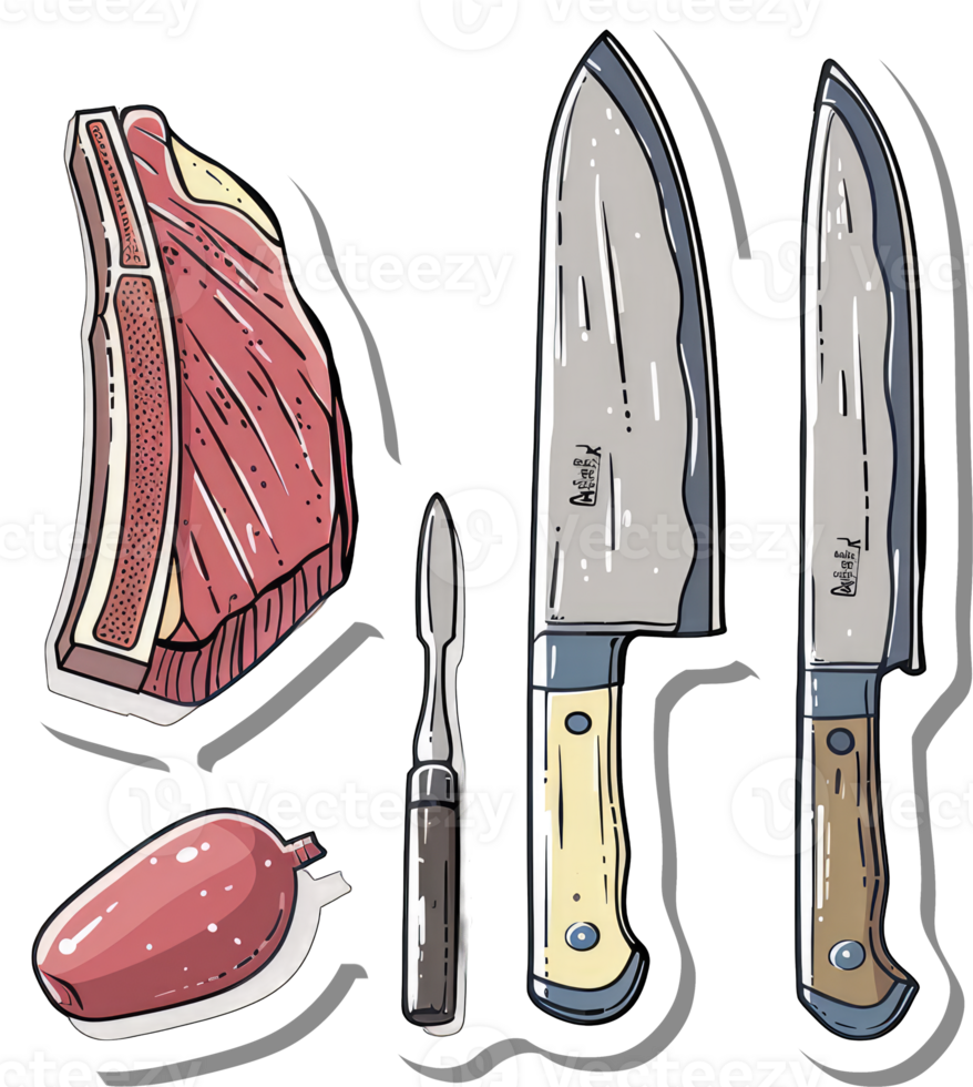 A Butcher Shop Illustration Featuring Meat and Knives png