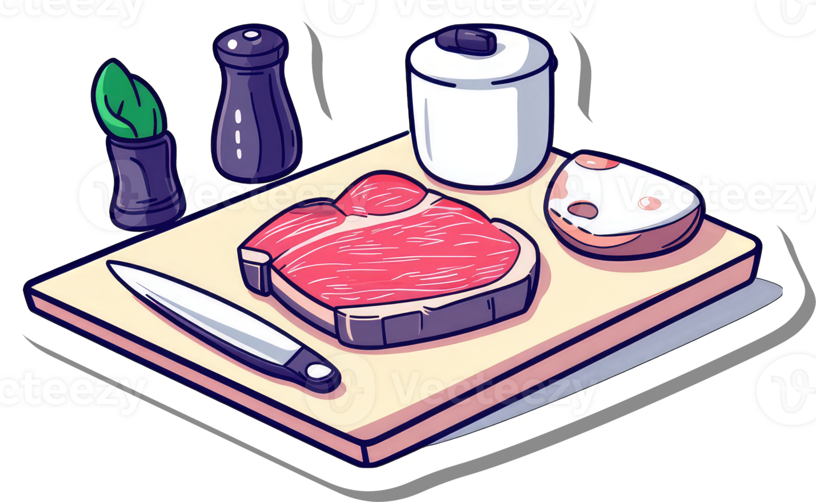 Steak preparation scene with seasonings and a knife png