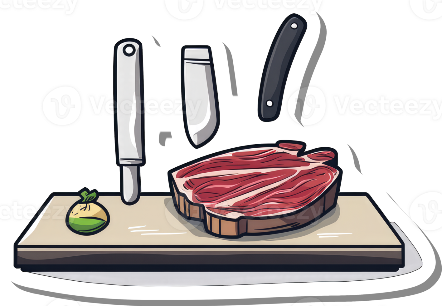 Raw Steak on Cutting Board with Knives png