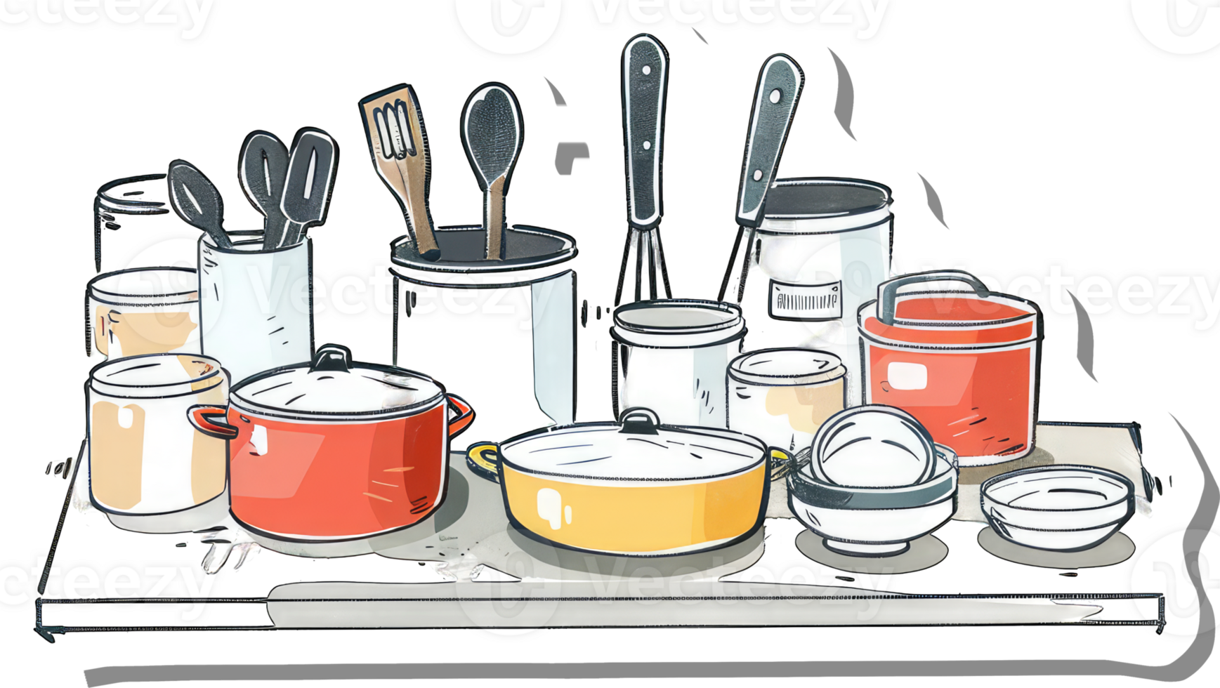 Kitchen Utensils and Cookware on a Shelf png