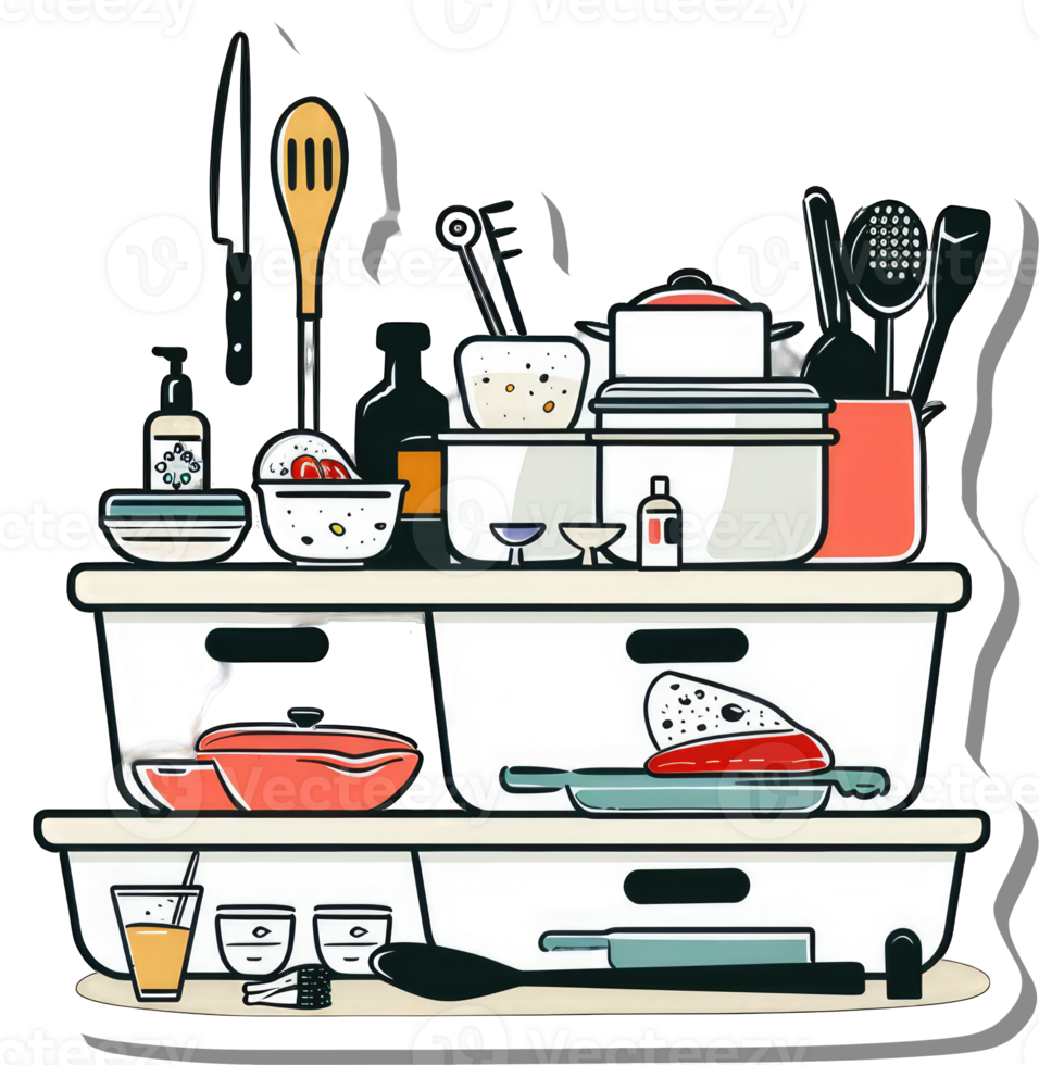 Kitchen Utensils and Cookware Organized on Shelves png