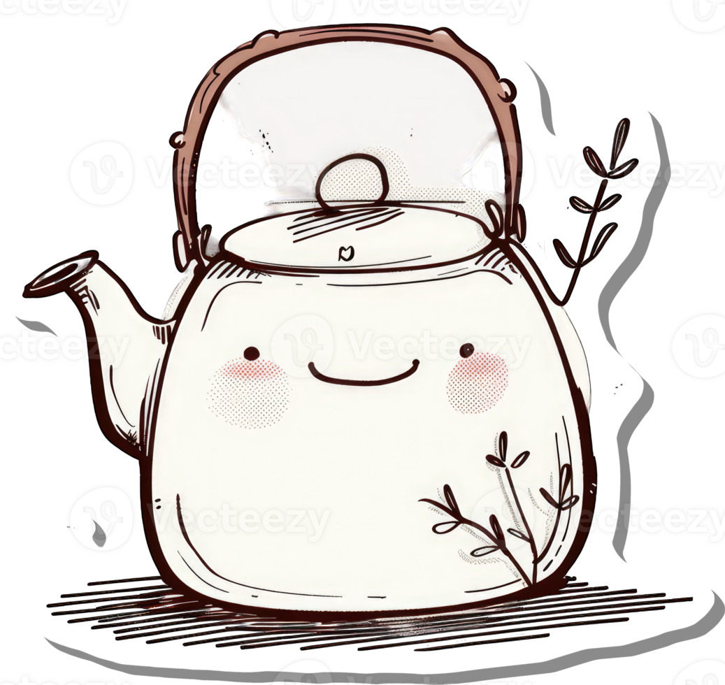 Adorable Cartoon Kettle with Happy Face and Herbs png