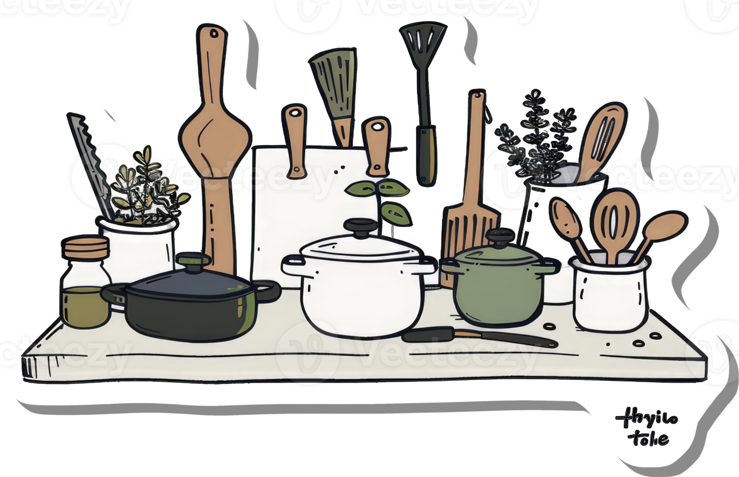 Kitchen Utensils and Pots Arranged on a Countertop png