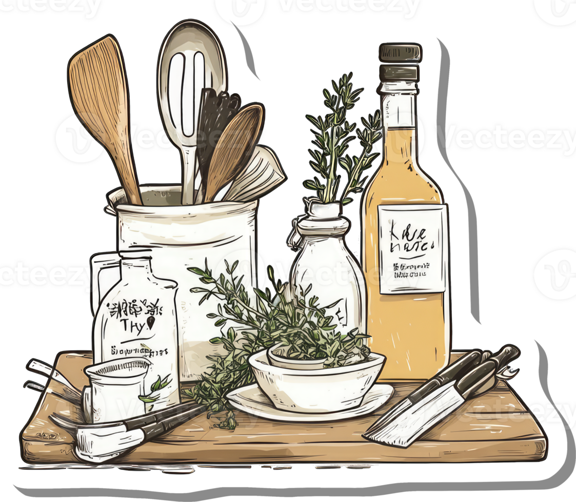 Culinary Herbs and Kitchen Utensils Still Life png