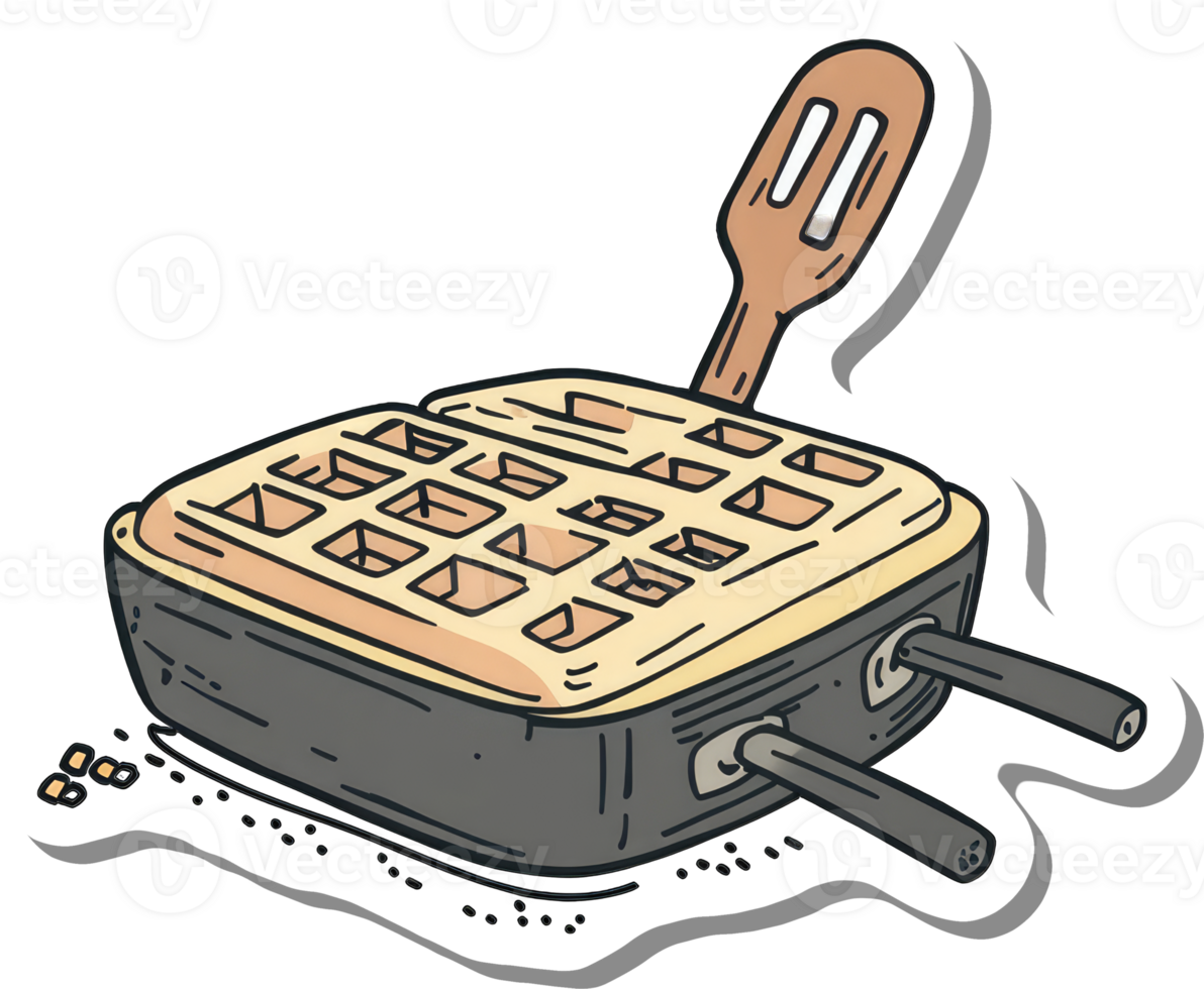 A freshly made waffle in a waffle iron with a spatula png