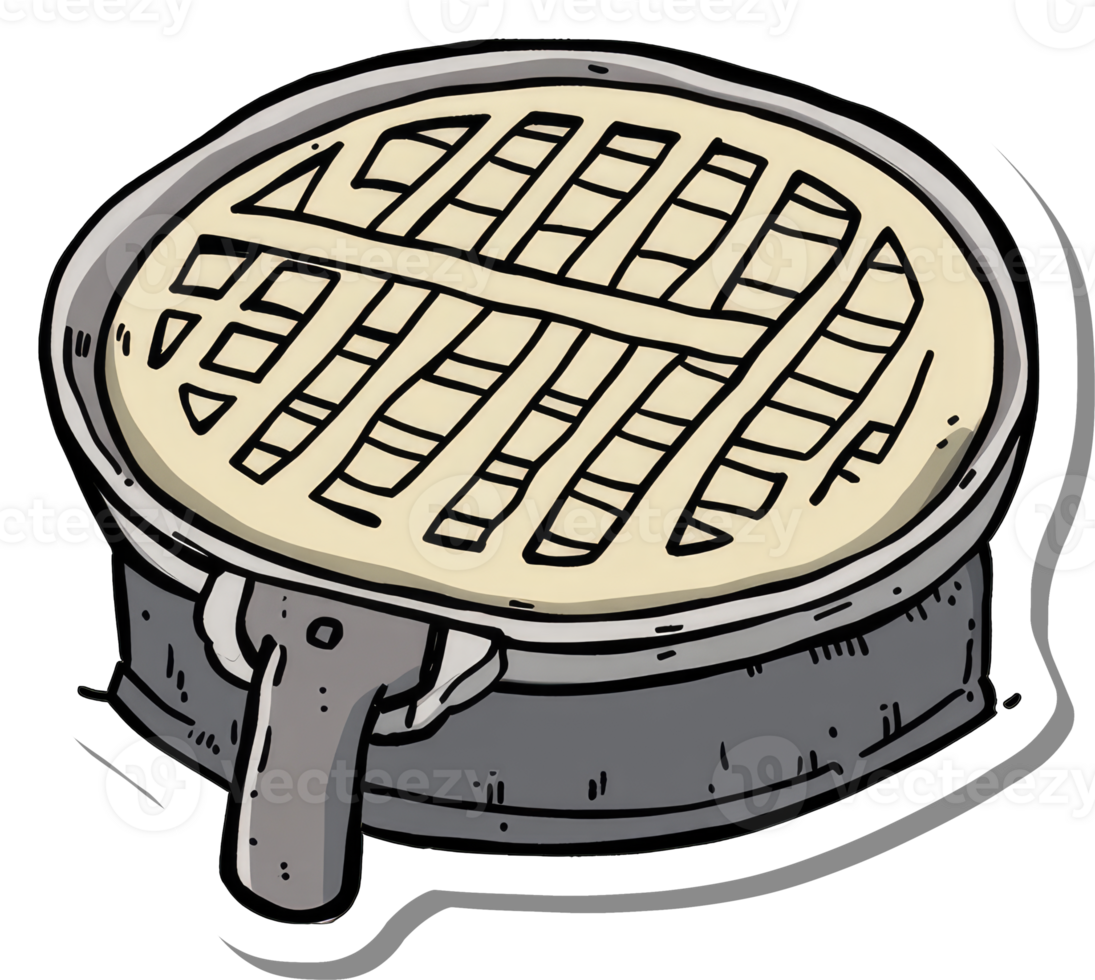 A freshly baked waffle in a waffle iron png