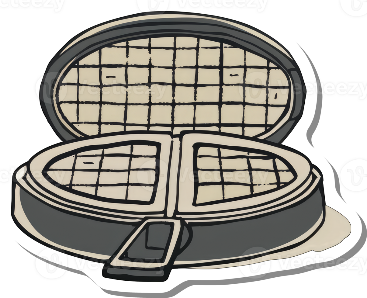 A double waffle iron is shown open displaying its gridded plates png
