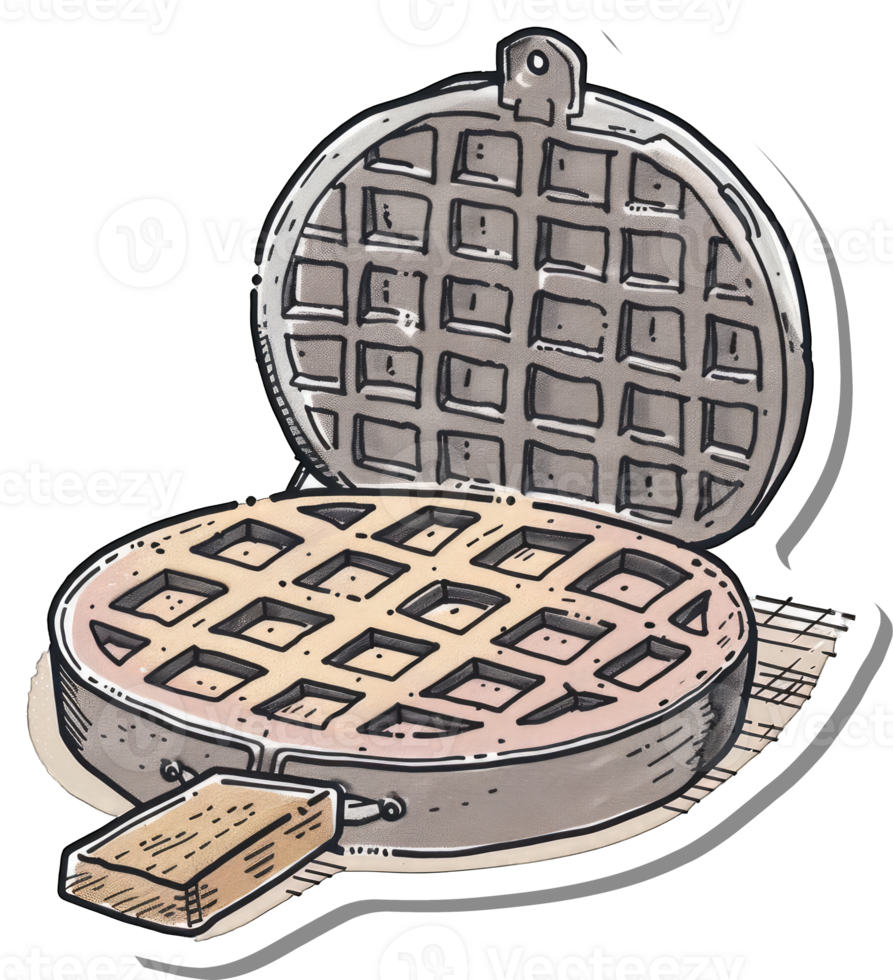 A freshly baked waffle in an open waffle iron png