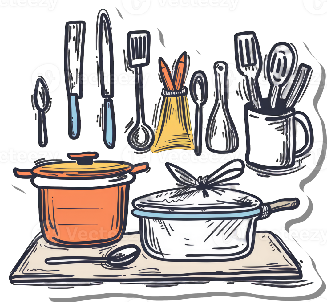 Kitchen Utensils and Cooking Pots on a Countertop png