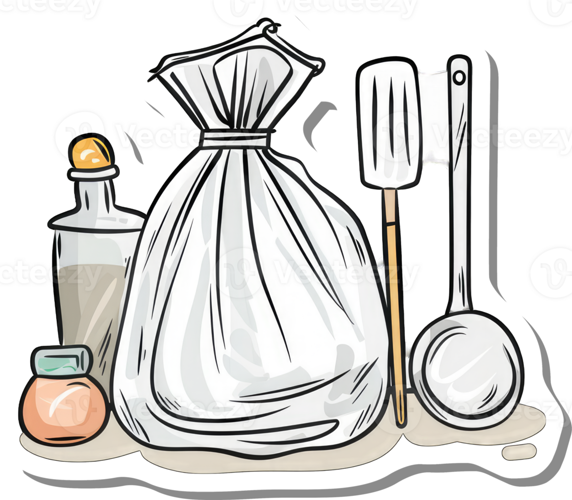 Baking ingredients and utensils are shown in this illustration png