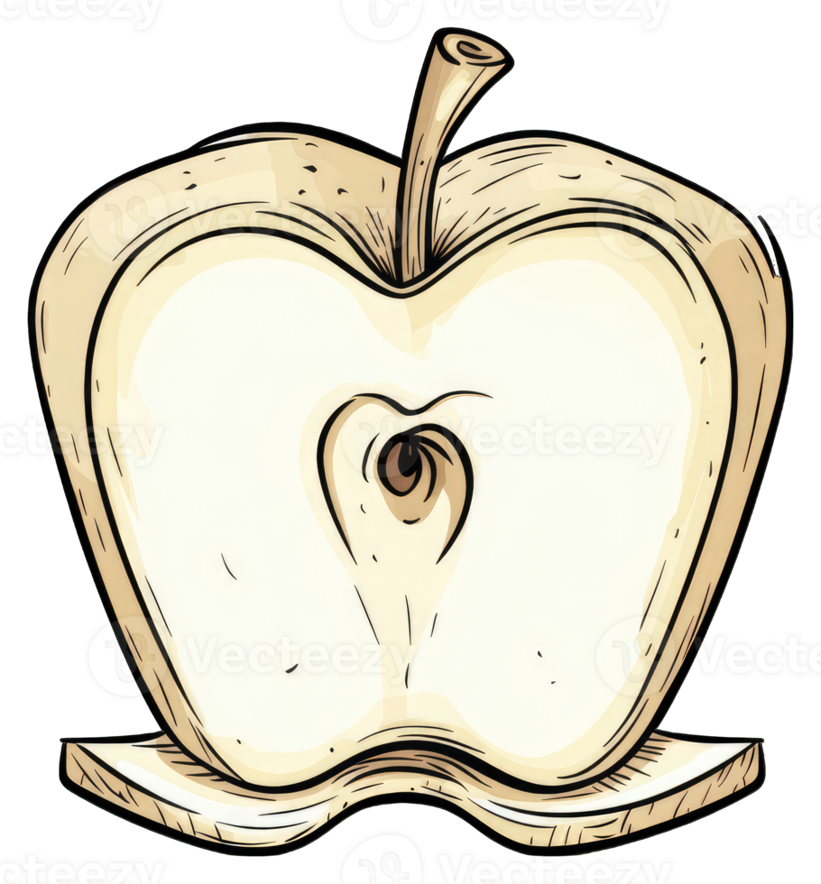 A halved apple with a visible core sits on a small wooden surface png