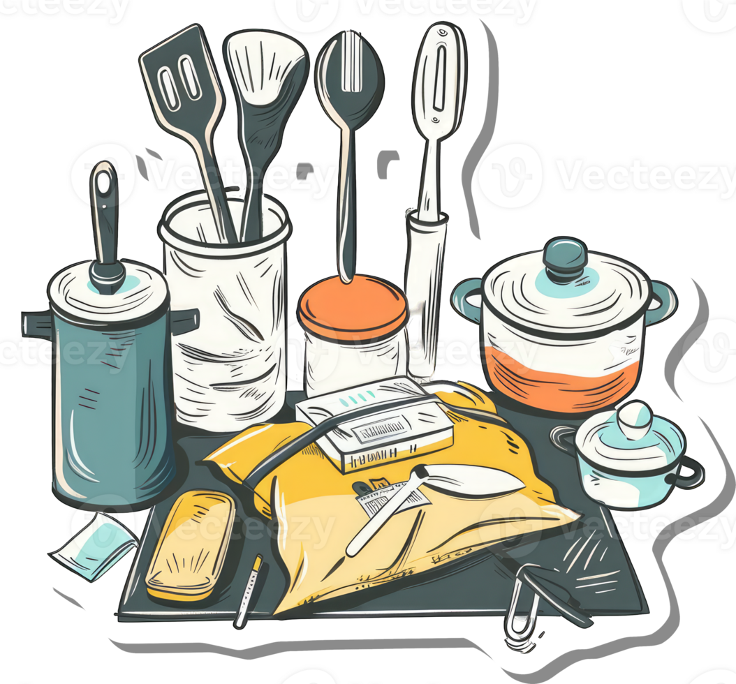 Kitchen Utensils and Cookware Arranged on a Surface png